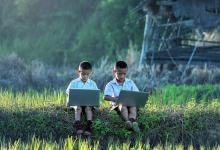 Telecommunications Licensing (by Country): Pupils studying using laptop in rice paddy