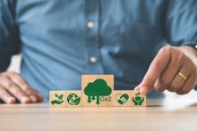 Equity: The London Stock Exchange and Foresight Sustainable Forestry, man hand puts the wooden cubes with co2 emission reduction icon 